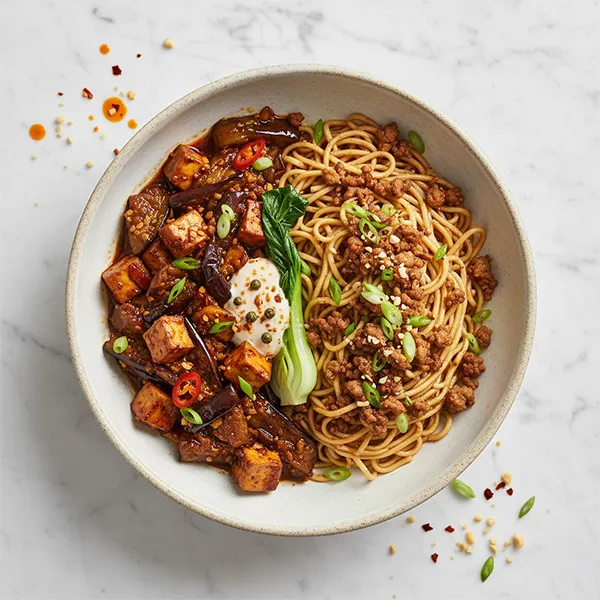 Sichuan Eggplant Tofu with Dan Dan Noodles